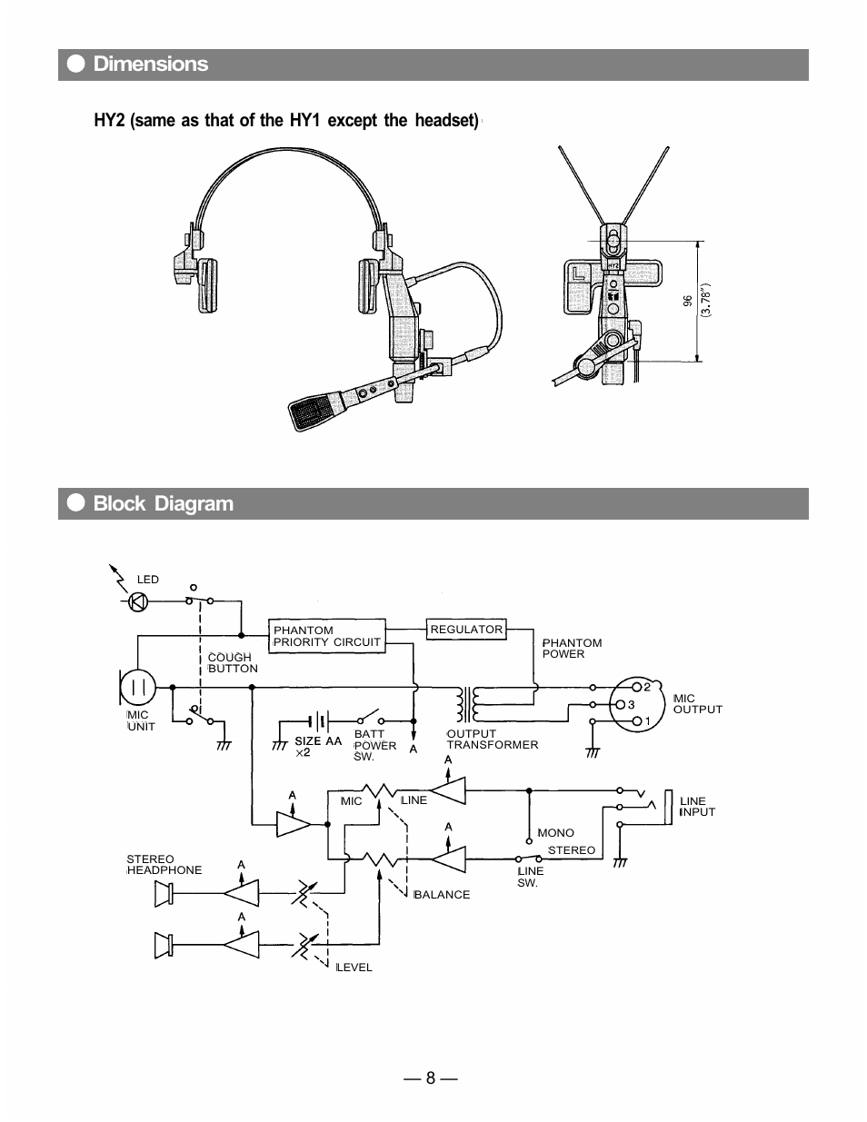 Dimensions block diagram, Hy2 (same as that of the hy1 except the headset) | Toshiba HY1 User Manual | Page 9 / 10