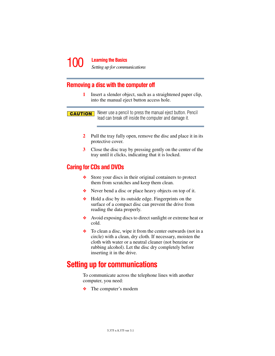 Removing a disc with the computer off, Caring for cds and dvds, Setting up for communications | Toshiba A45 User Manual | Page 100 / 277