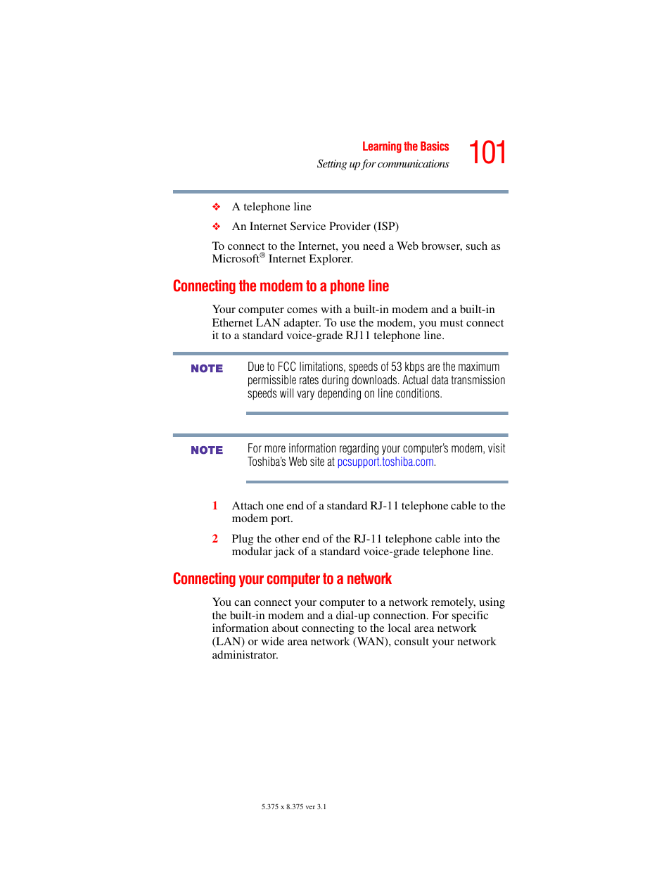 Connecting the modem to a phone line, Connecting your computer to a network | Toshiba A45 User Manual | Page 101 / 277