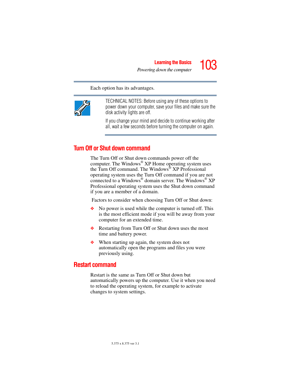 Turn off or shut down command, Restart command, Turn off or shut down command restart command | Turn off | Toshiba A45 User Manual | Page 103 / 277