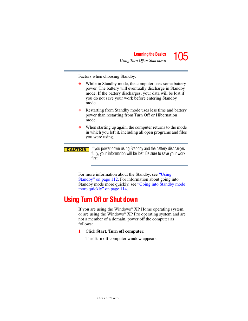 Using turn off or shut down | Toshiba A45 User Manual | Page 105 / 277