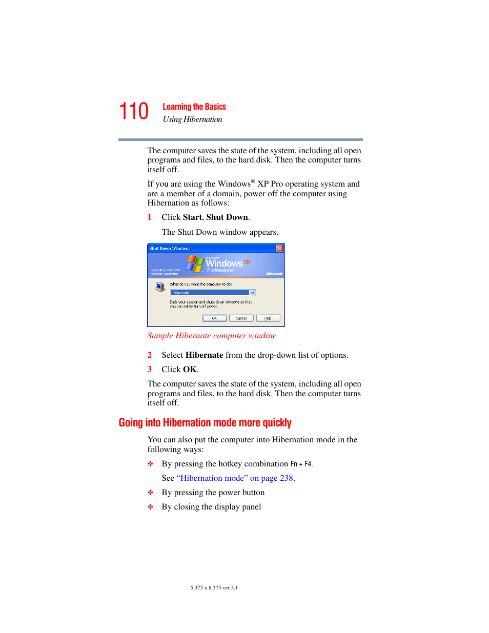 Going into hibernation mode more quickly, Going into | Toshiba A45 User Manual | Page 110 / 277