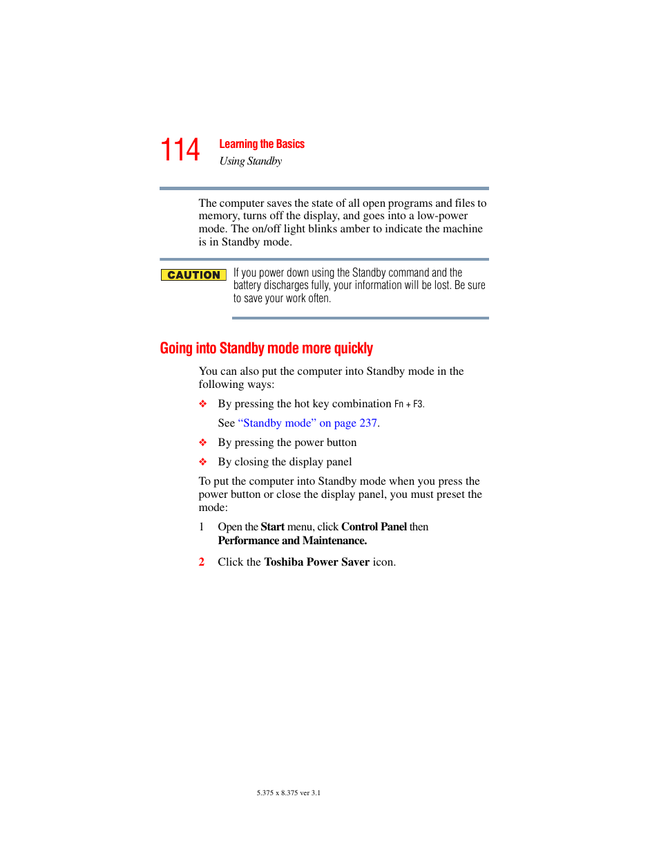 Going into standby mode more quickly, Going into standby mode | Toshiba A45 User Manual | Page 114 / 277