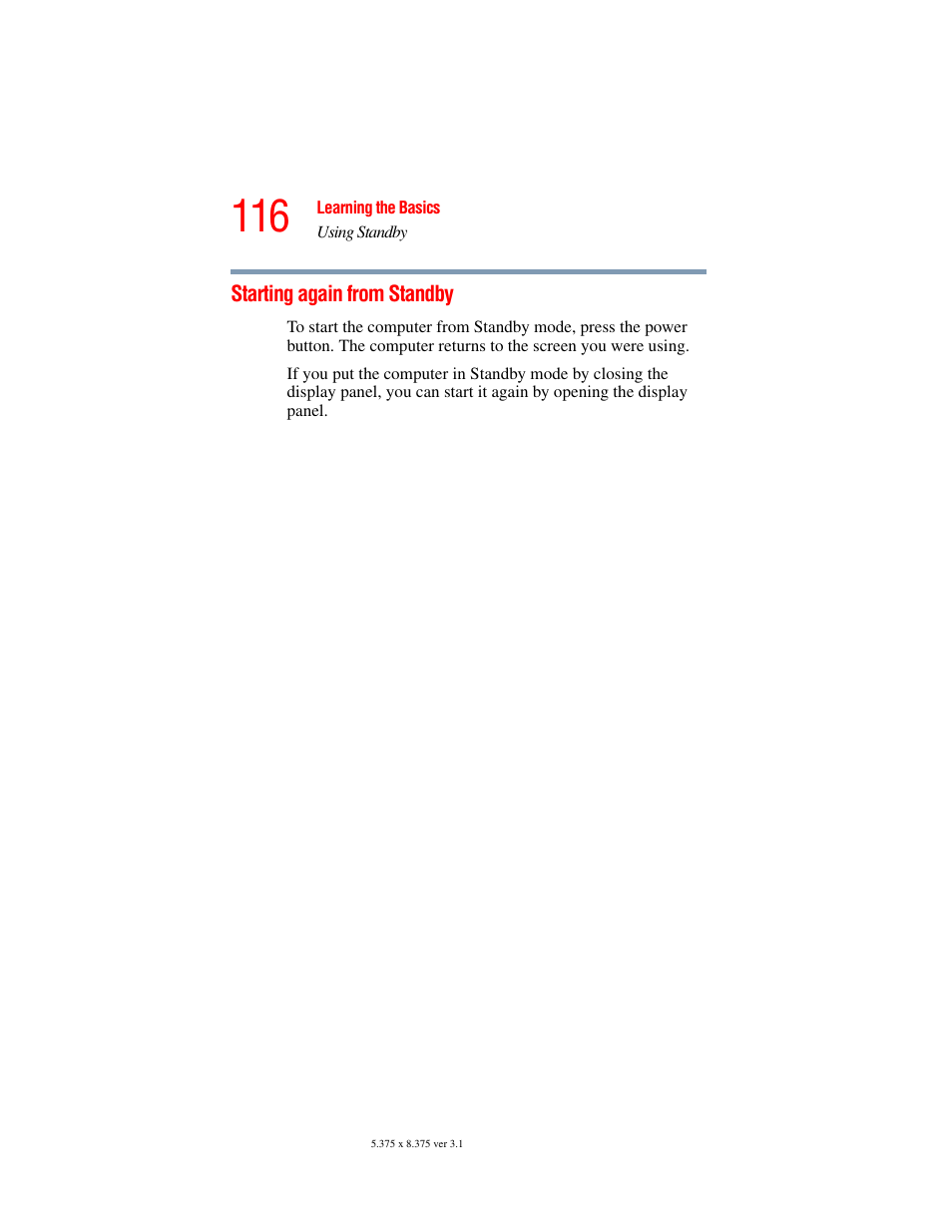 Starting again from standby | Toshiba A45 User Manual | Page 116 / 277