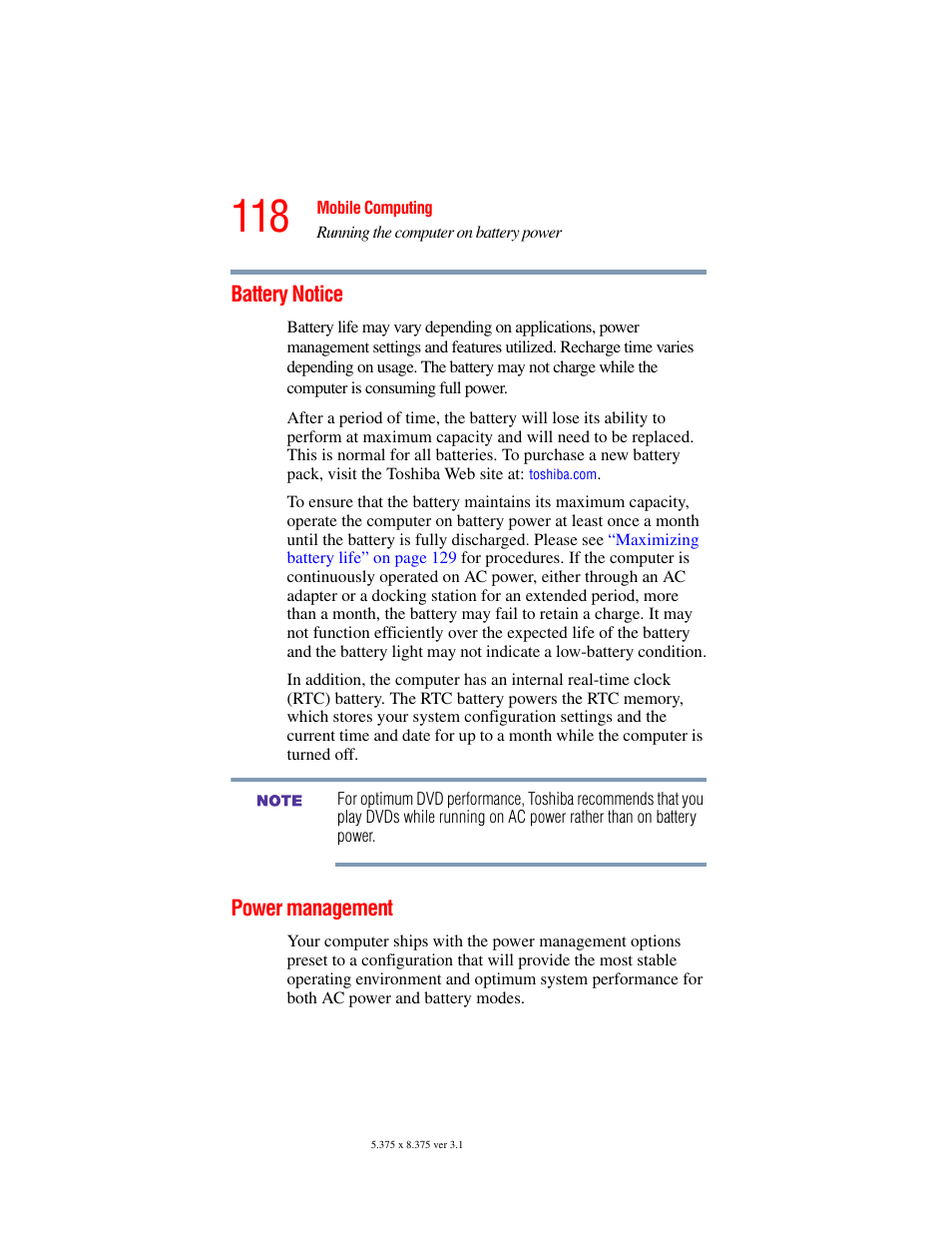 Battery notice, Power management, Battery notice power management | Toshiba A45 User Manual | Page 118 / 277