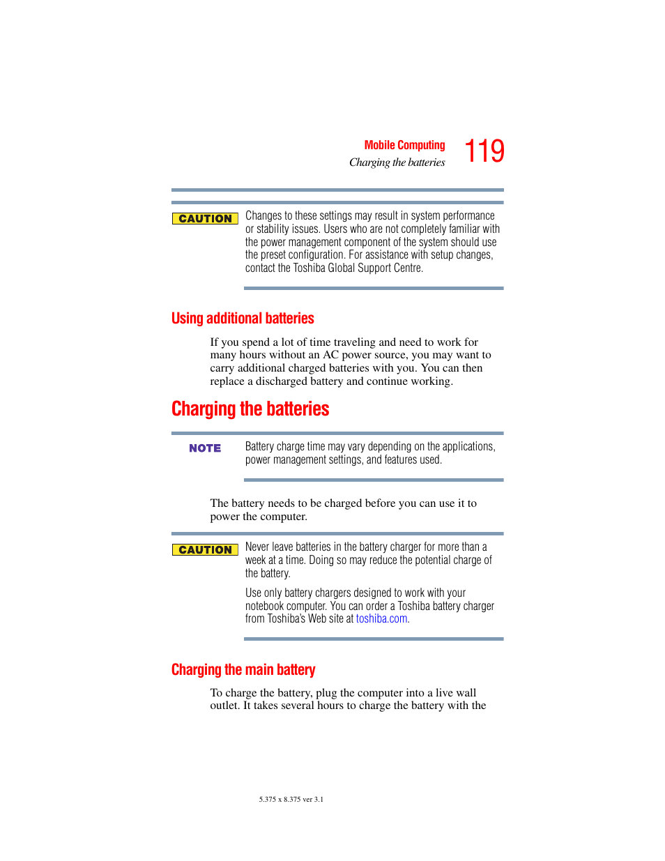 Using additional batteries, Charging the batteries, Charging the main battery | Toshiba A45 User Manual | Page 119 / 277