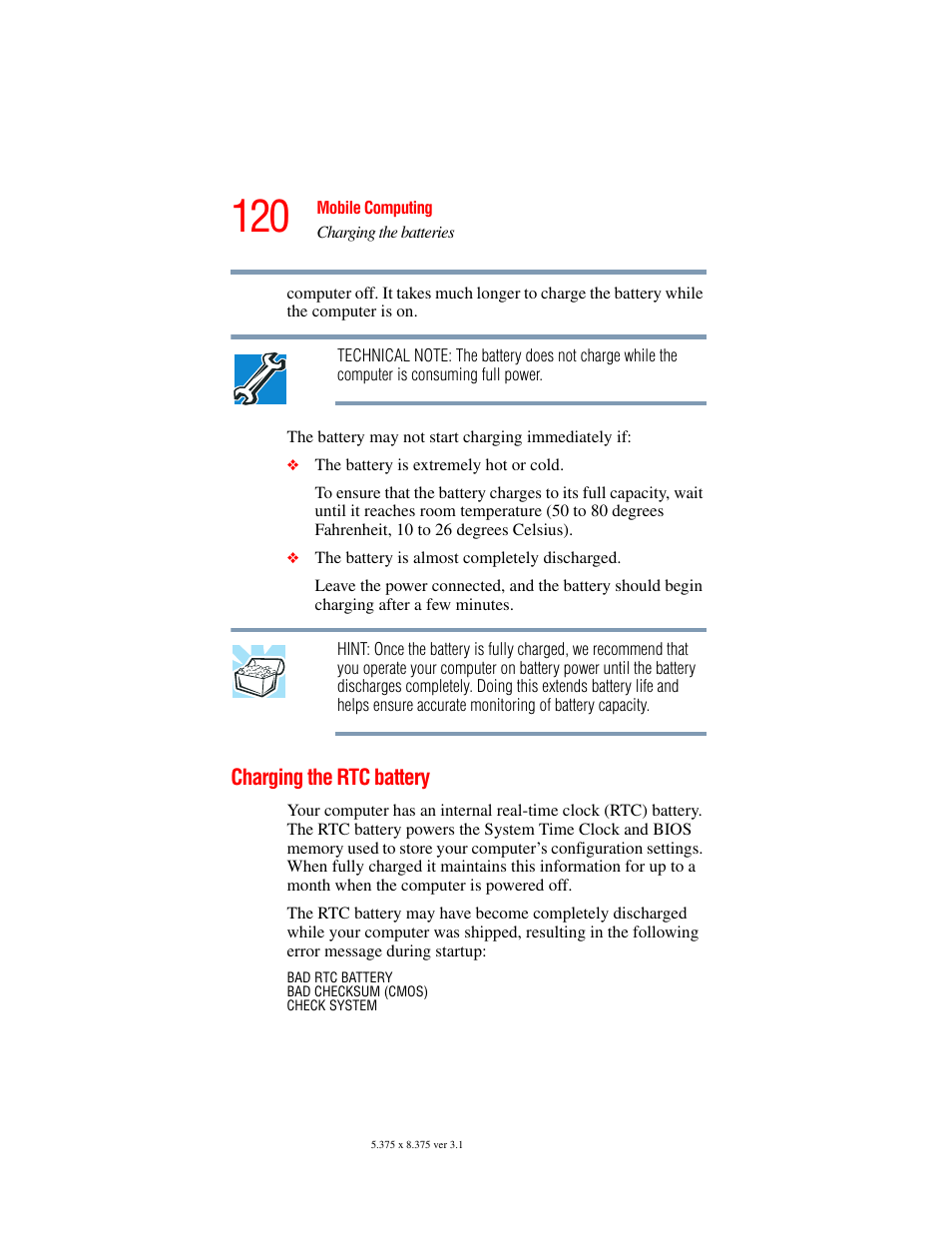 Charging the rtc battery | Toshiba A45 User Manual | Page 120 / 277