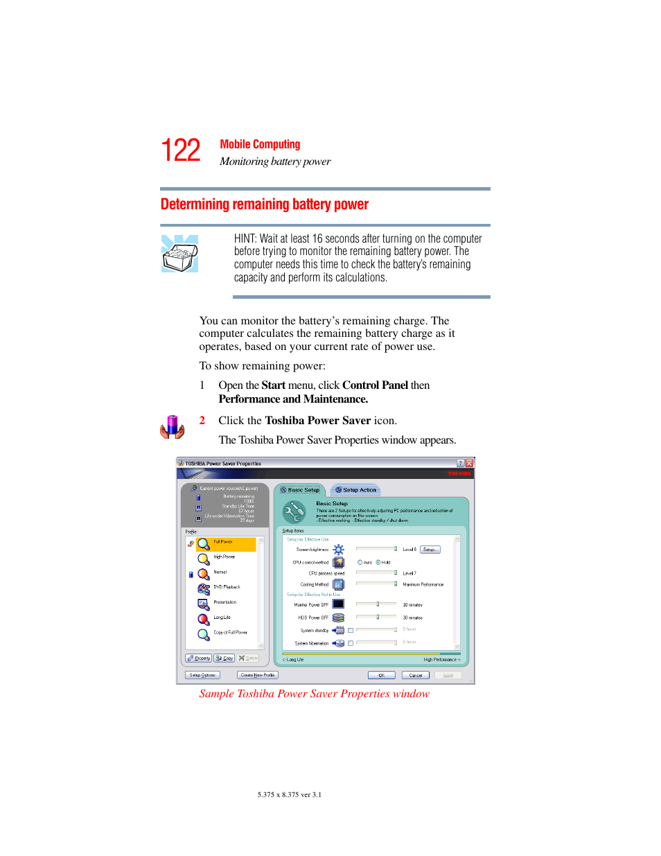 Determining remaining battery power | Toshiba A45 User Manual | Page 122 / 277