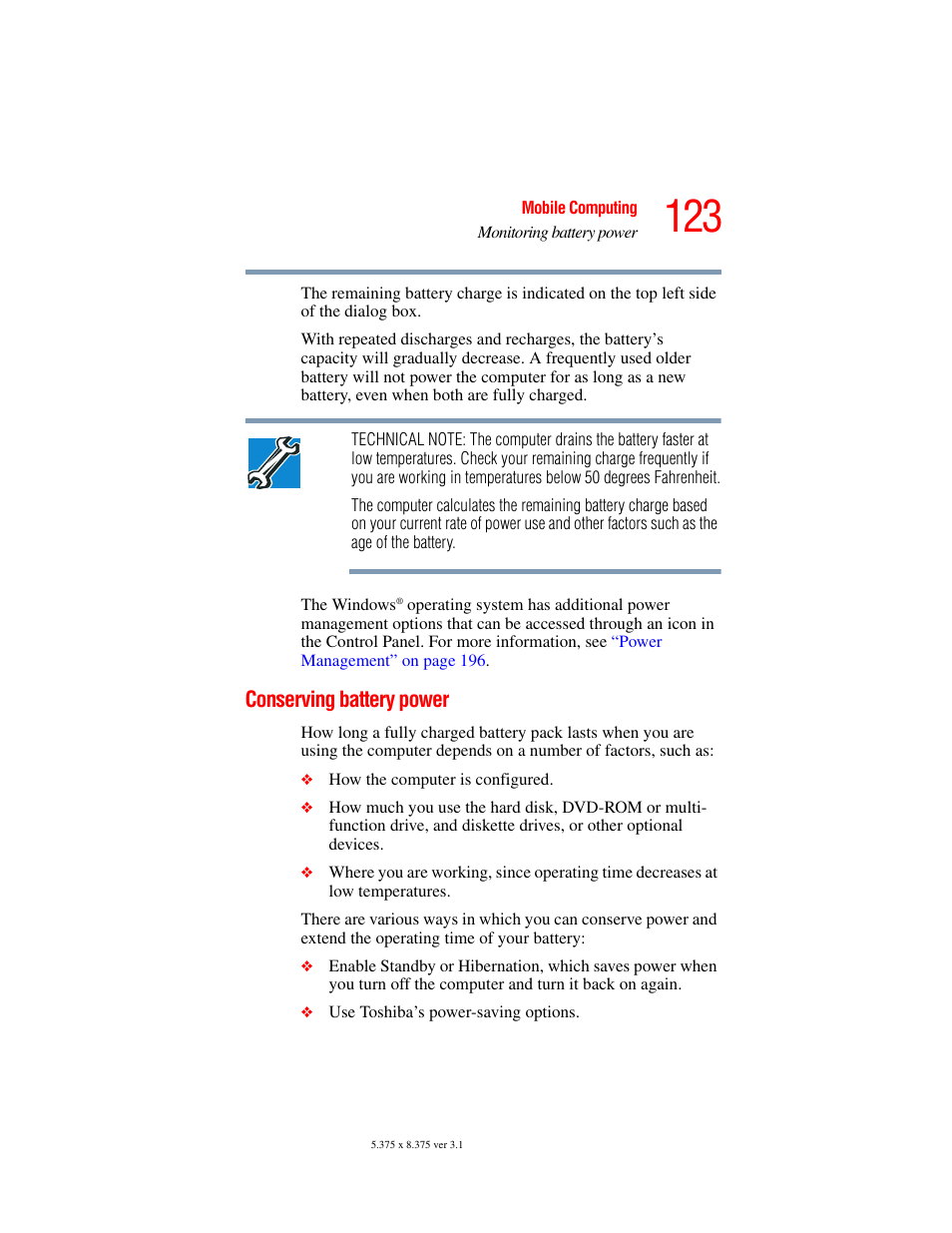 Conserving battery power | Toshiba A45 User Manual | Page 123 / 277