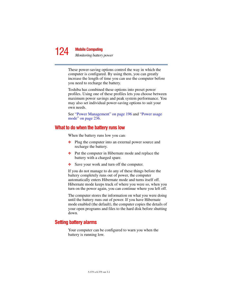 What to do when the battery runs low, Setting battery alarms, Setting battery alarms” on | Toshiba A45 User Manual | Page 124 / 277