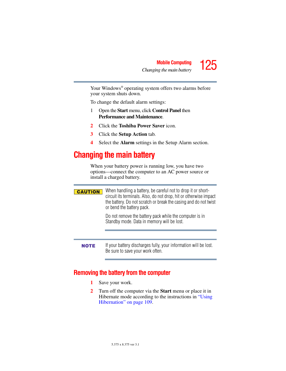 Changing the main battery, Removing the battery from the computer | Toshiba A45 User Manual | Page 125 / 277