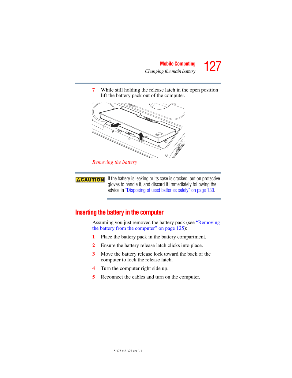 Inserting the battery in the computer | Toshiba A45 User Manual | Page 127 / 277