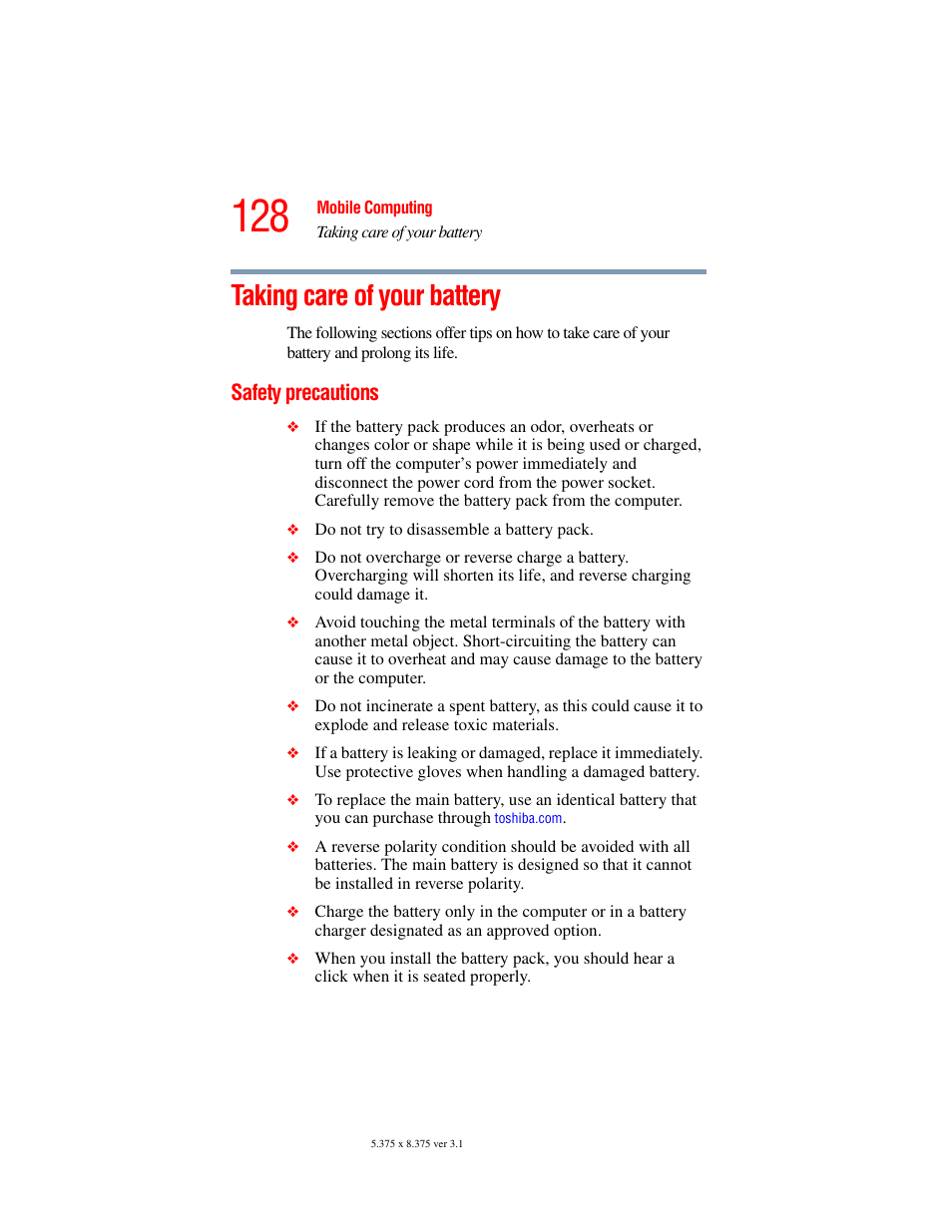 Taking care of your battery, Safety precautions | Toshiba A45 User Manual | Page 128 / 277