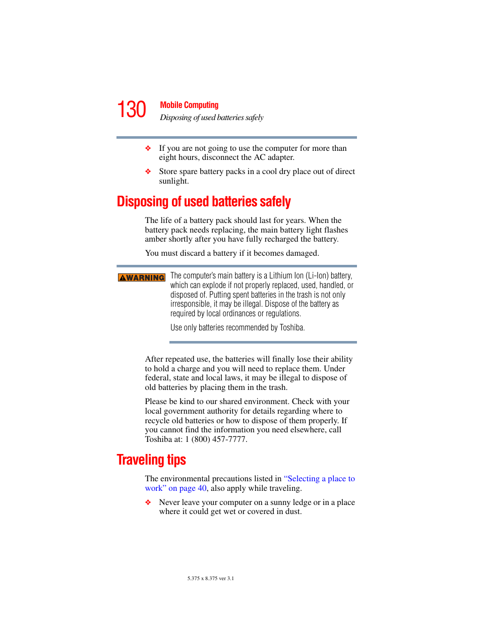 Disposing of used batteries safely, Traveling tips, Disposing of used batteries safely traveling tips | Toshiba A45 User Manual | Page 130 / 277