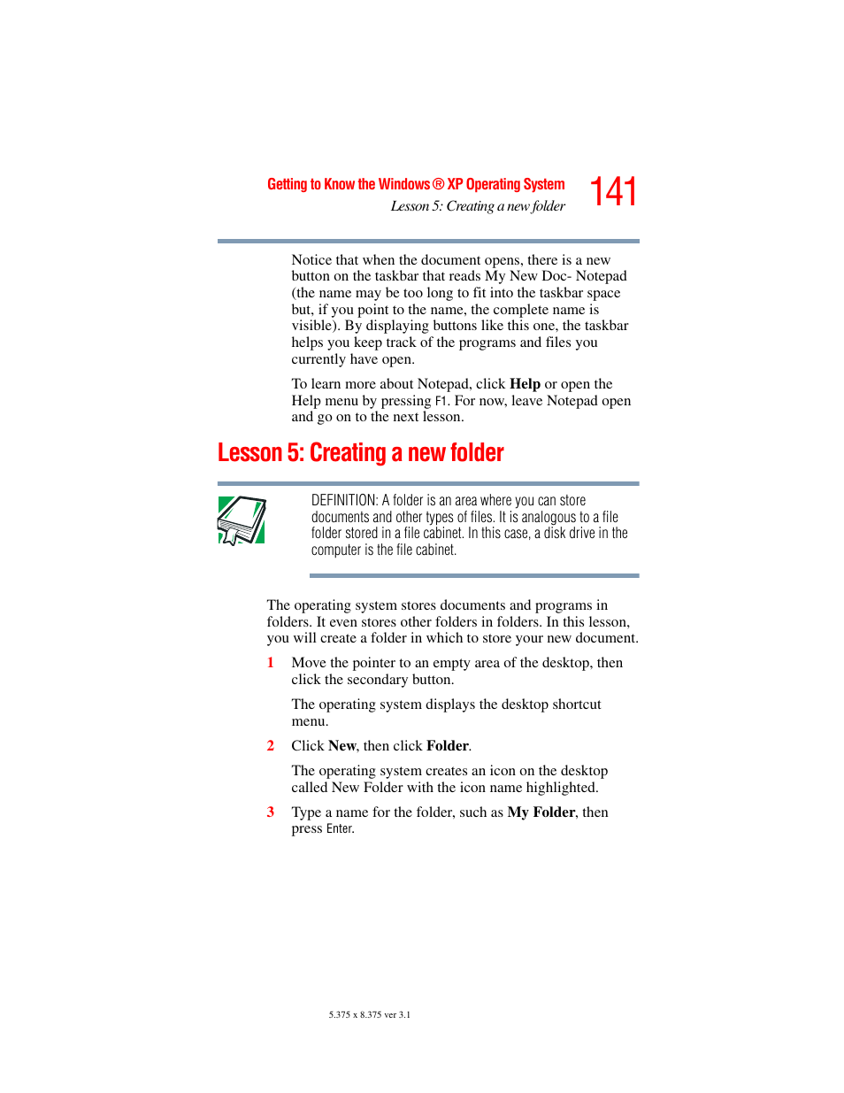 Lesson 5: creating a new folder | Toshiba A45 User Manual | Page 141 / 277