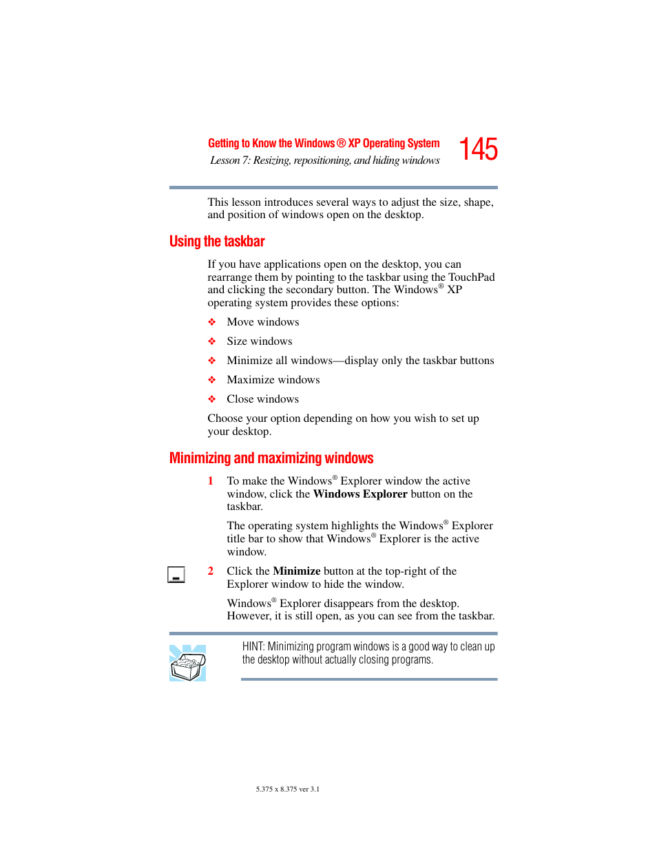 Using the taskbar, Minimizing and maximizing windows | Toshiba A45 User Manual | Page 145 / 277