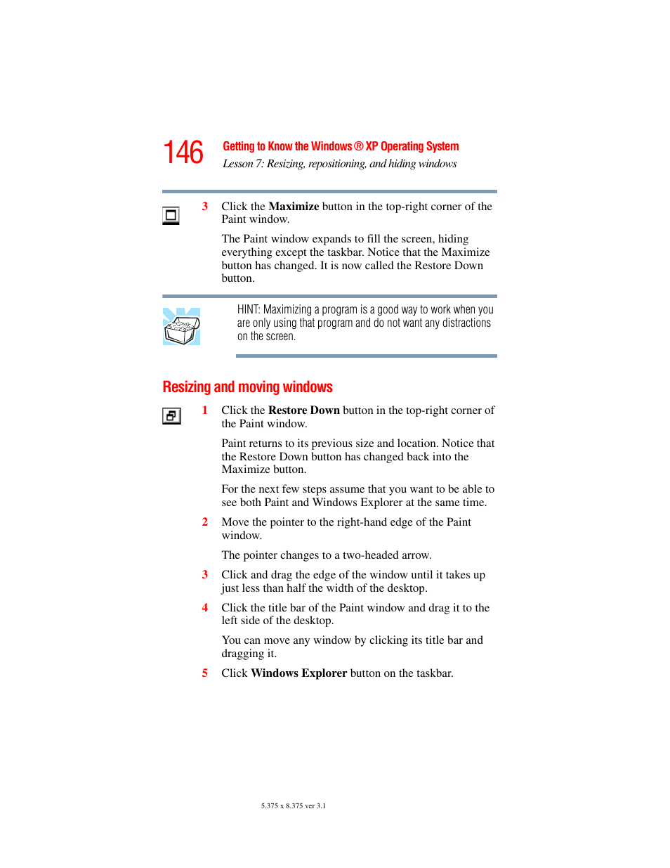 Resizing and moving windows | Toshiba A45 User Manual | Page 146 / 277