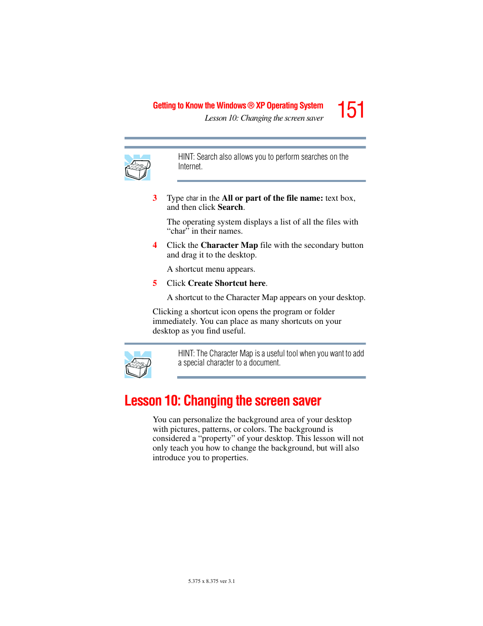 Lesson 10: changing the screen saver | Toshiba A45 User Manual | Page 151 / 277