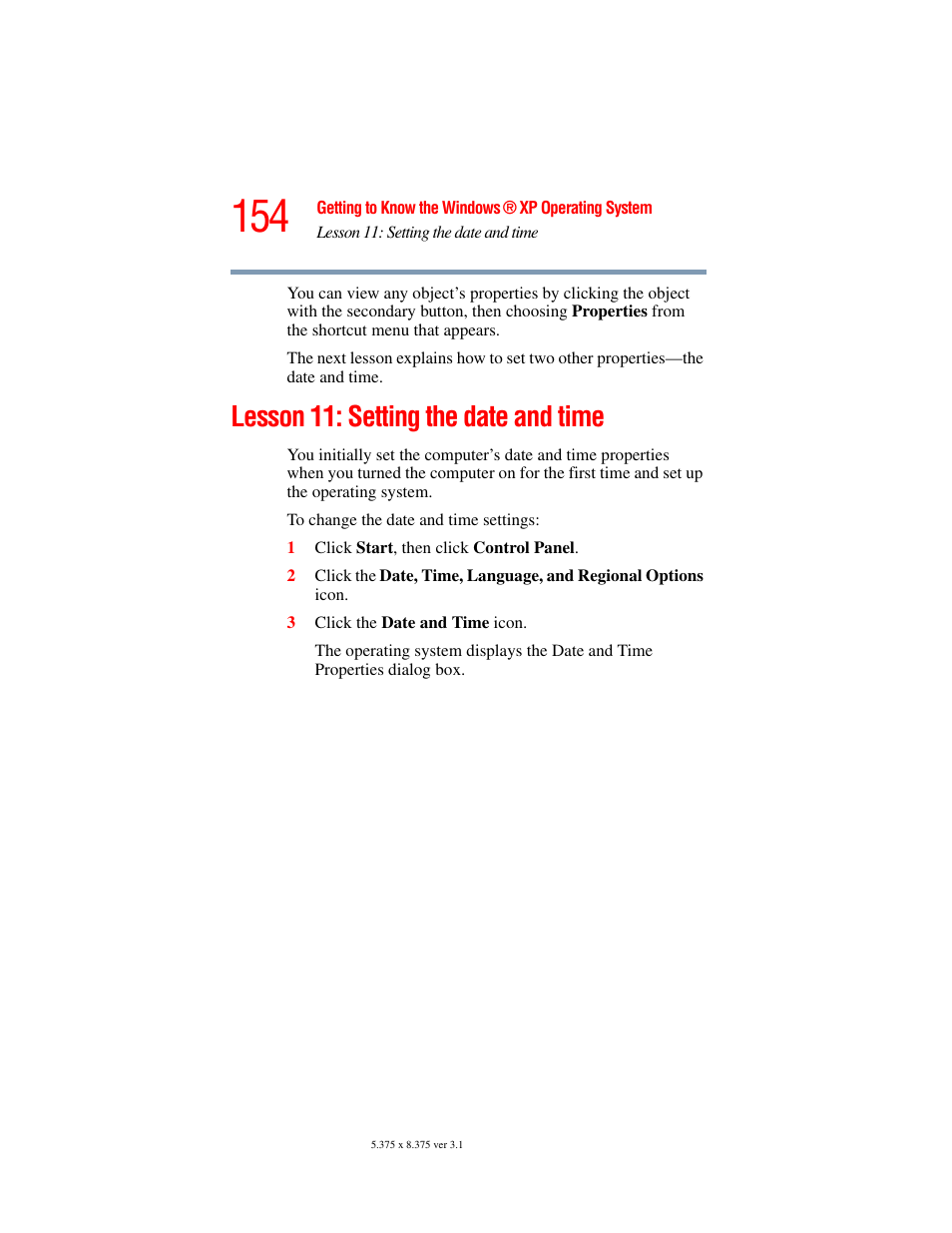 Lesson 11: setting the date and time | Toshiba A45 User Manual | Page 154 / 277