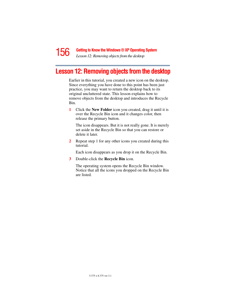 Lesson 12: removing objects from the desktop | Toshiba A45 User Manual | Page 156 / 277