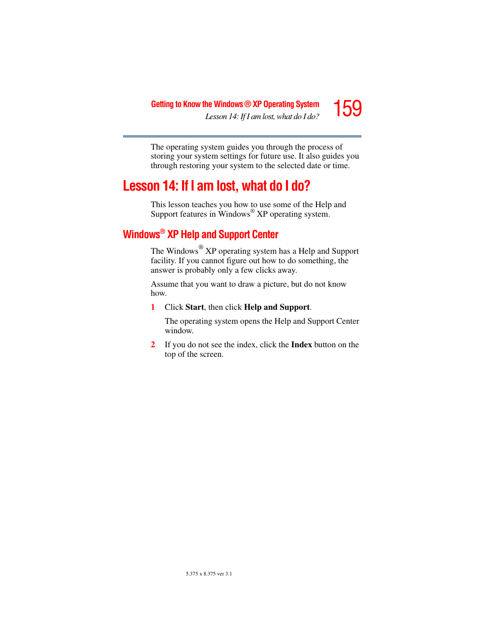 Lesson 14: if i am lost, what do i do, Windows® xp help and support center, Windows | Toshiba A45 User Manual | Page 159 / 277