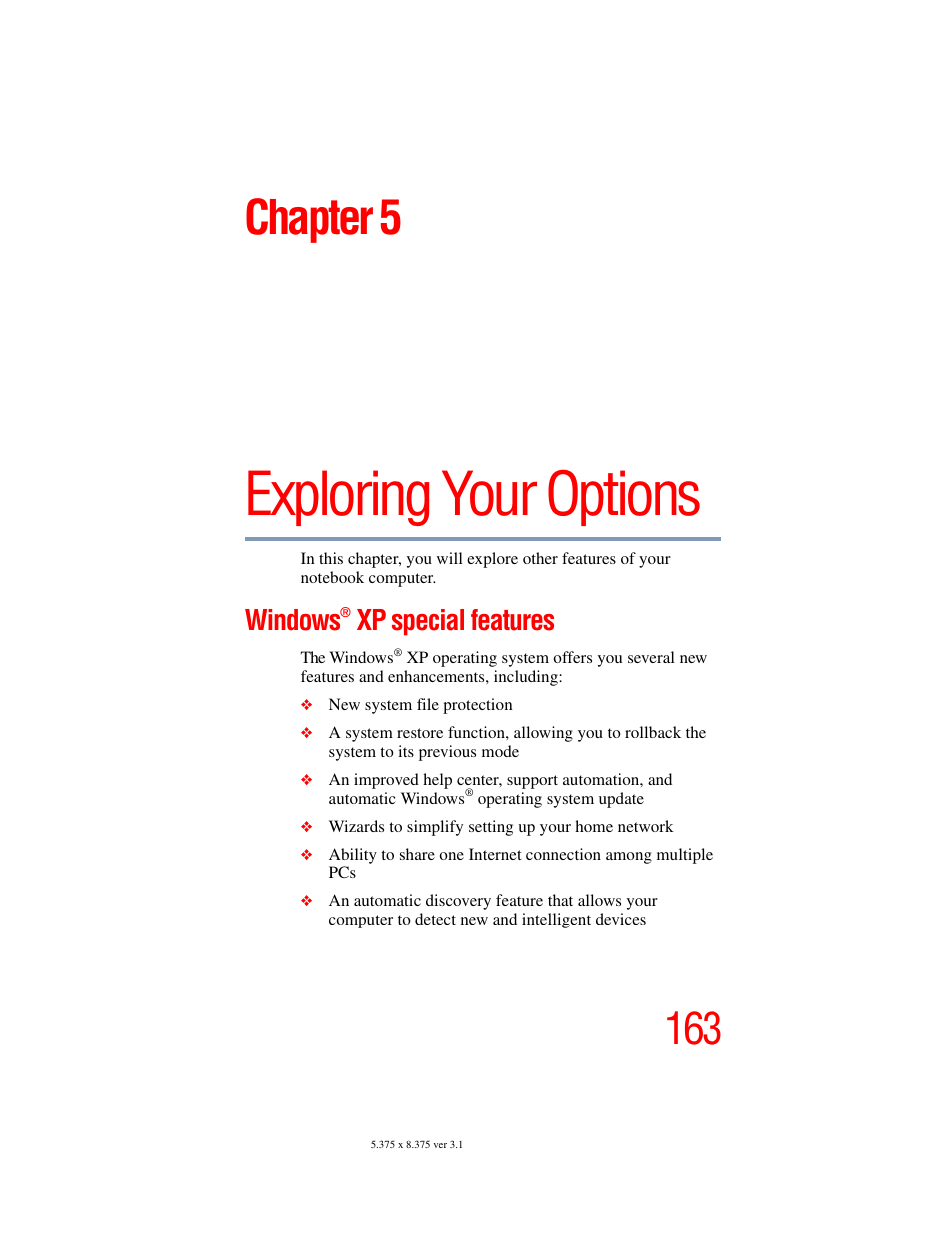 Chapter 5: exploring your options, Windows® xp special features, Windows | Exploring your options, Chapter 5, Xp special features | Toshiba A45 User Manual | Page 163 / 277