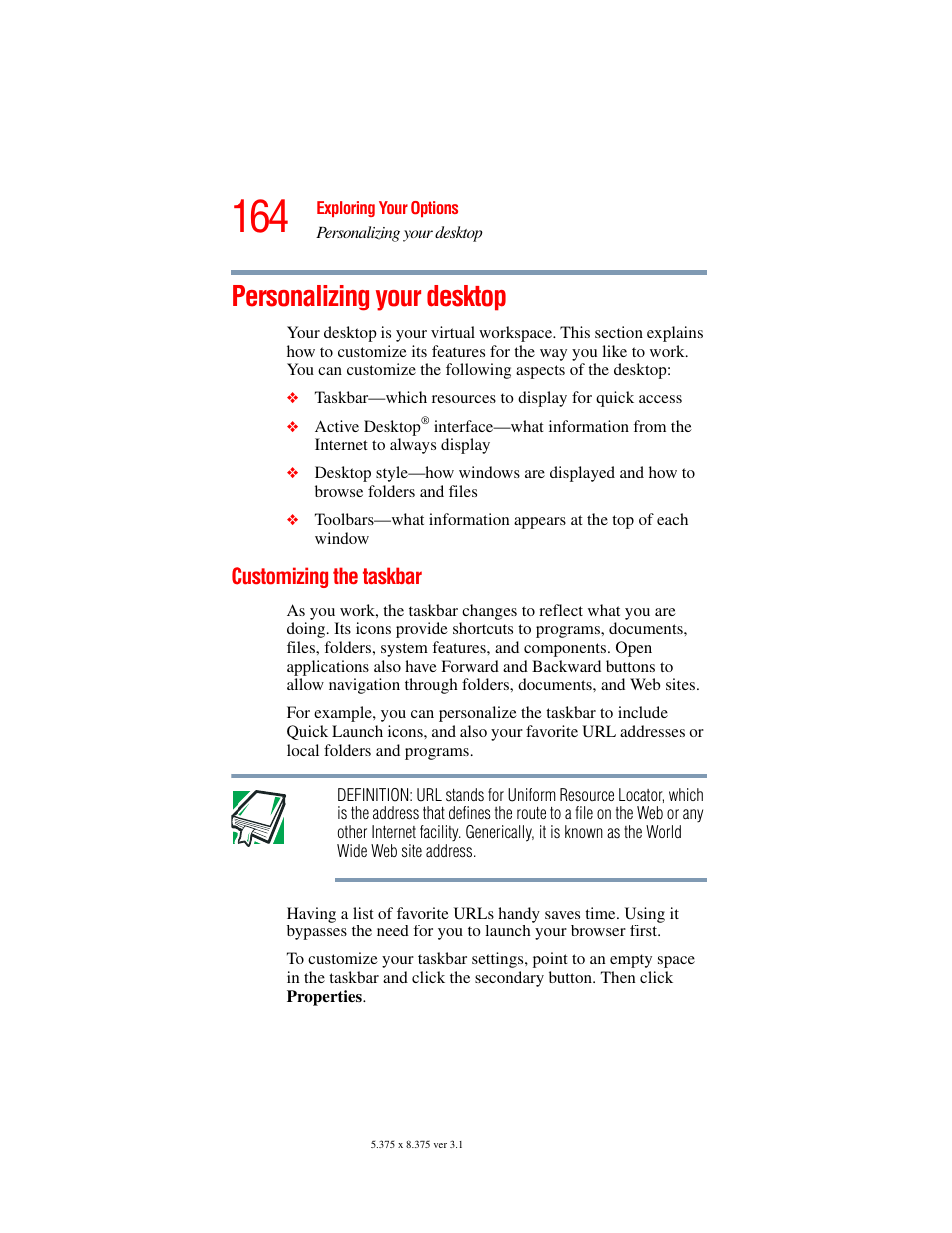 Personalizing your desktop, Customizing the taskbar | Toshiba A45 User Manual | Page 164 / 277