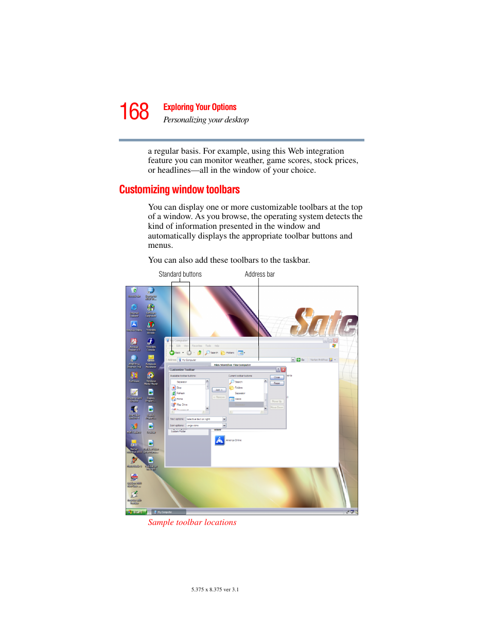 Customizing window toolbars | Toshiba A45 User Manual | Page 168 / 277