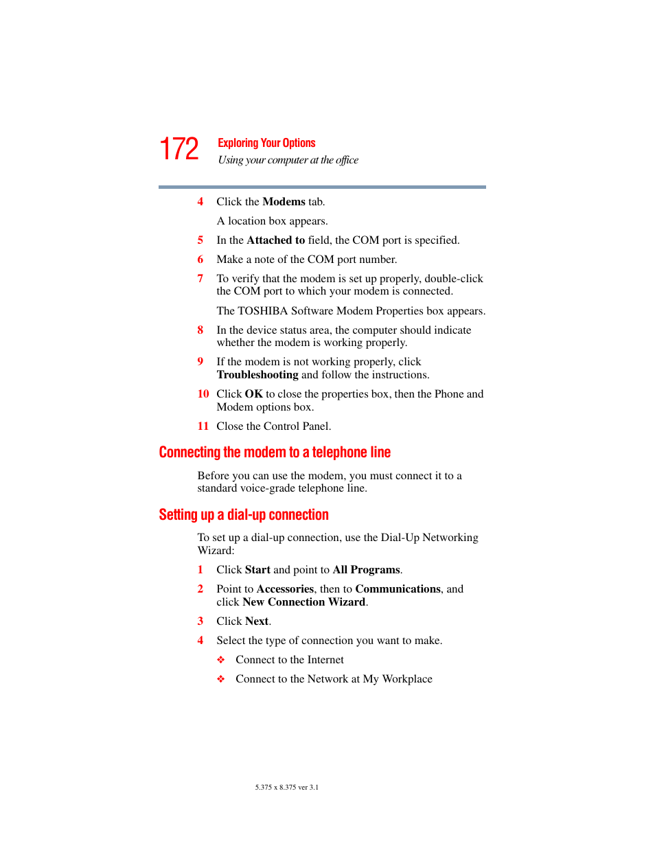 Connecting the modem to a telephone line, Setting up a dial-up connection | Toshiba A45 User Manual | Page 172 / 277