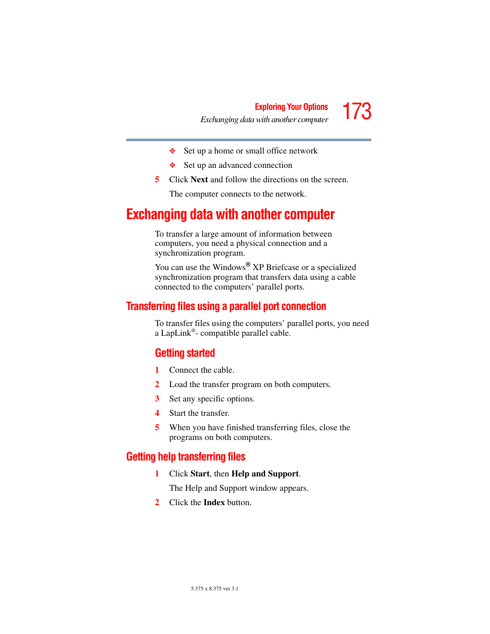 Exchanging data with another computer, Getting help transferring files, Transferring files | Using a parallel port connection | Toshiba A45 User Manual | Page 173 / 277