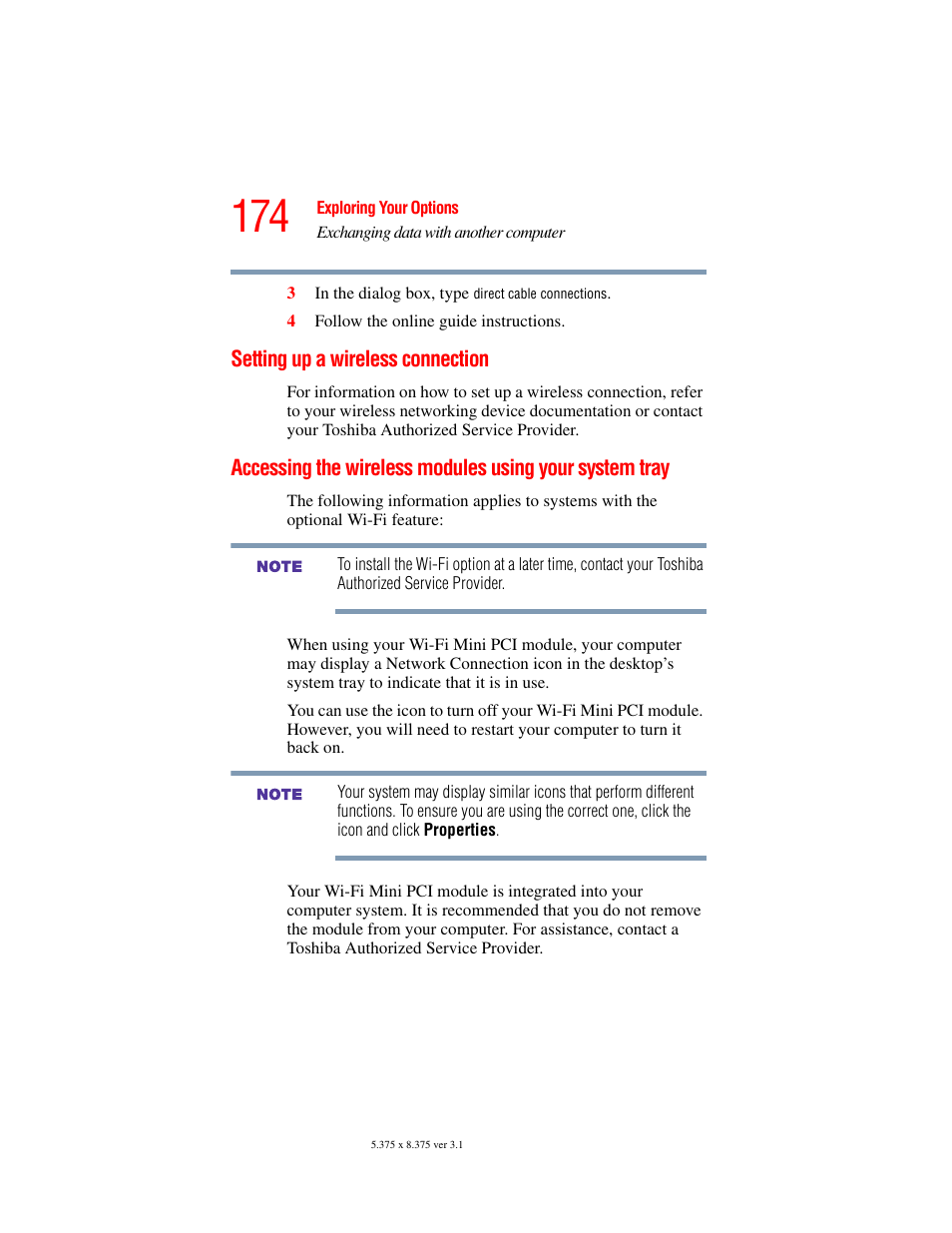 Setting up a wireless connection, Using your system tray | Toshiba A45 User Manual | Page 174 / 277