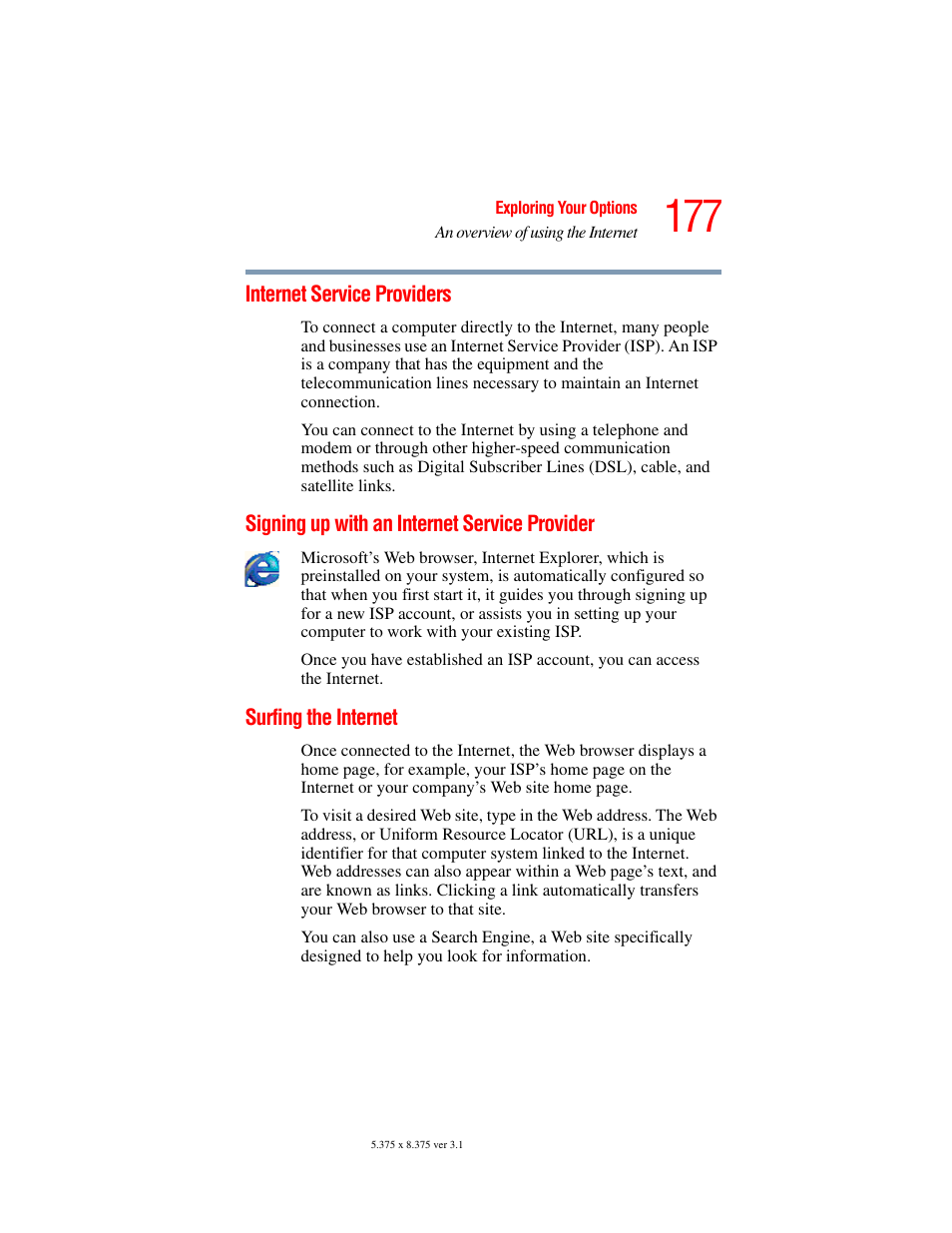 Internet service providers, Signing up with an internet service provider, Surfing the internet | Toshiba A45 User Manual | Page 177 / 277