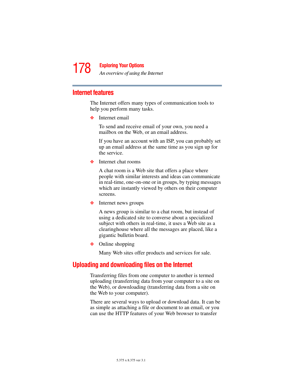 Internet features, Uploading and downloading files on the internet, Internet features uploading and downloading files | On the internet | Toshiba A45 User Manual | Page 178 / 277