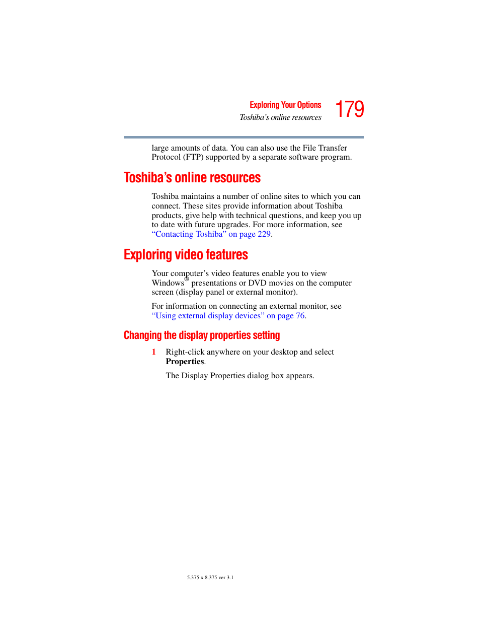 Toshiba’s online resources, Exploring video features, Changing the display properties setting | Toshiba A45 User Manual | Page 179 / 277