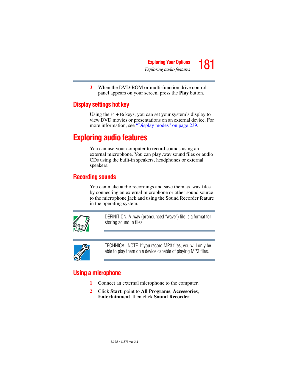 Display settings hot key, Exploring audio features, Recording sounds | Using a microphone, Recording sounds using a microphone | Toshiba A45 User Manual | Page 181 / 277