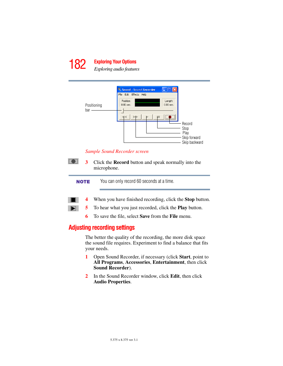 Adjusting recording settings | Toshiba A45 User Manual | Page 182 / 277