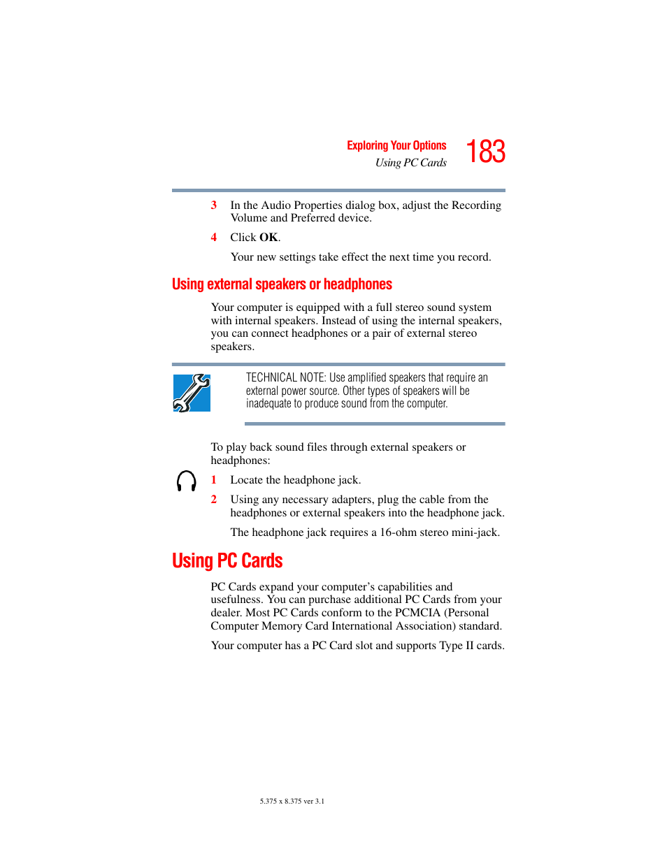 Using external speakers or headphones, Using pc cards | Toshiba A45 User Manual | Page 183 / 277