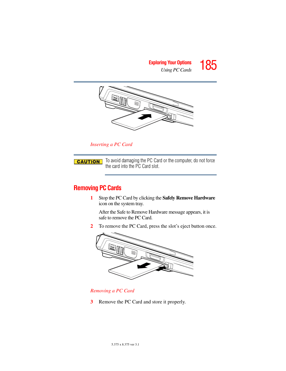 Removing pc cards | Toshiba A45 User Manual | Page 185 / 277