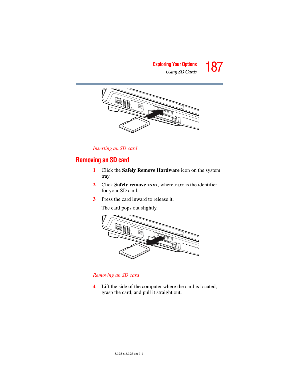 Removing an sd card | Toshiba A45 User Manual | Page 187 / 277