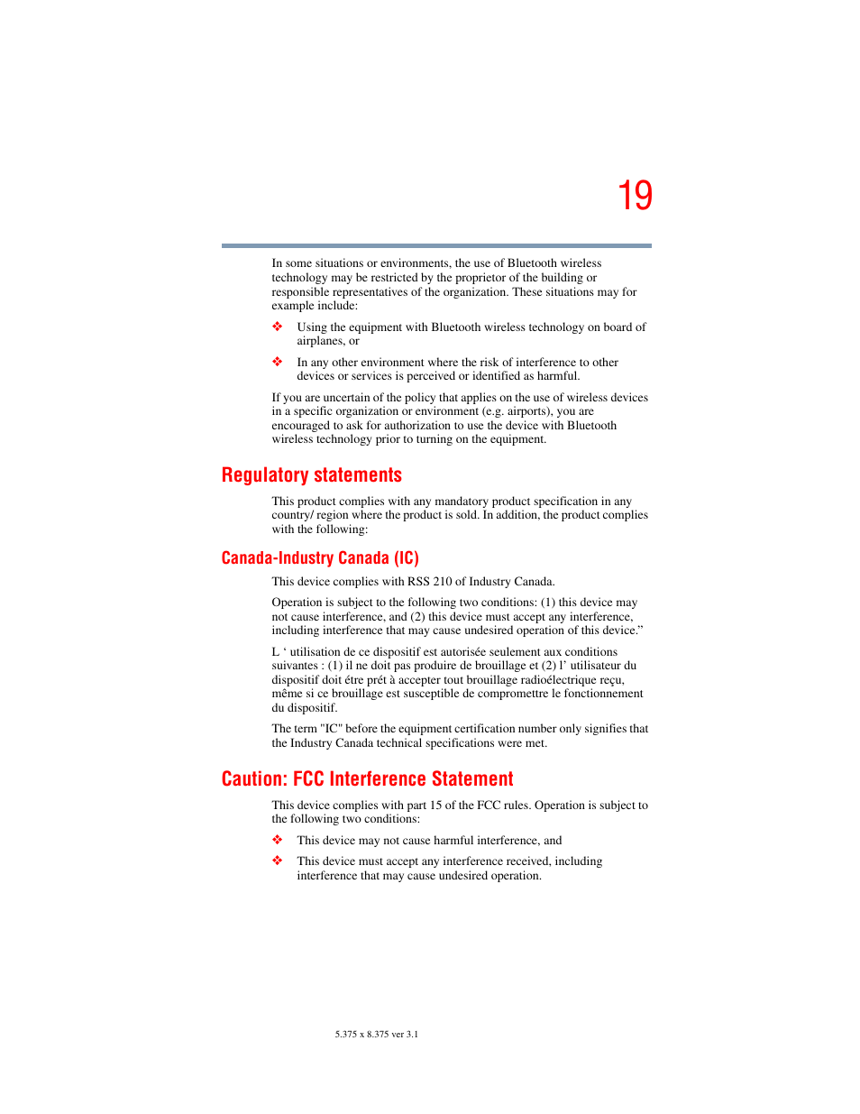 Regulatory statements, Caution: fcc interference statement | Toshiba A45 User Manual | Page 19 / 277
