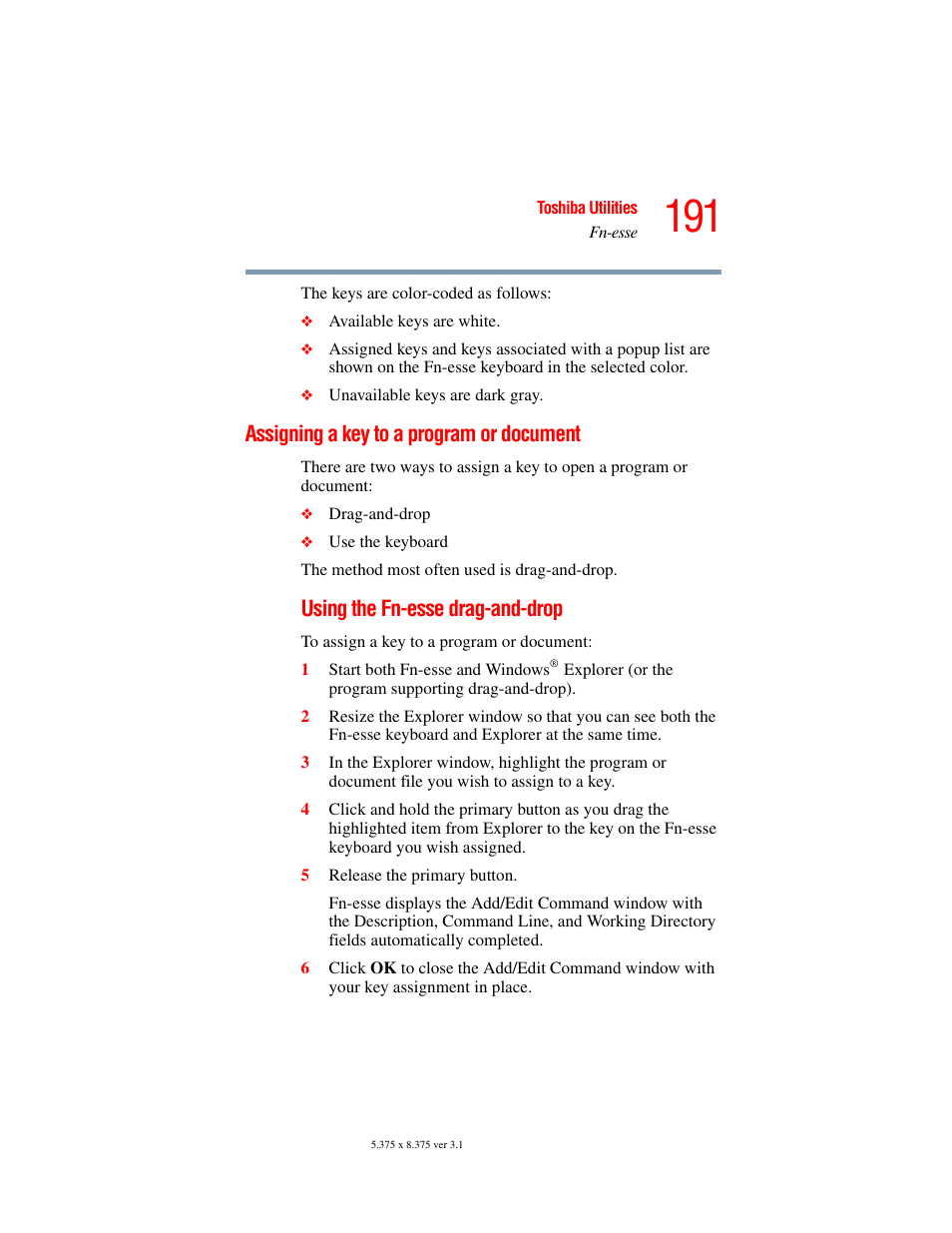 Assigning a key to a program or document, Using the fn-esse drag-and-drop | Toshiba A45 User Manual | Page 191 / 277