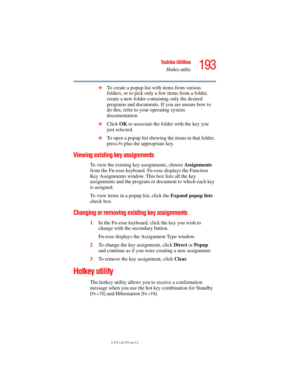 Viewing existing key assignments, Changing or removing existing key assignments, Hotkey utility | Existing key assignments | Toshiba A45 User Manual | Page 193 / 277