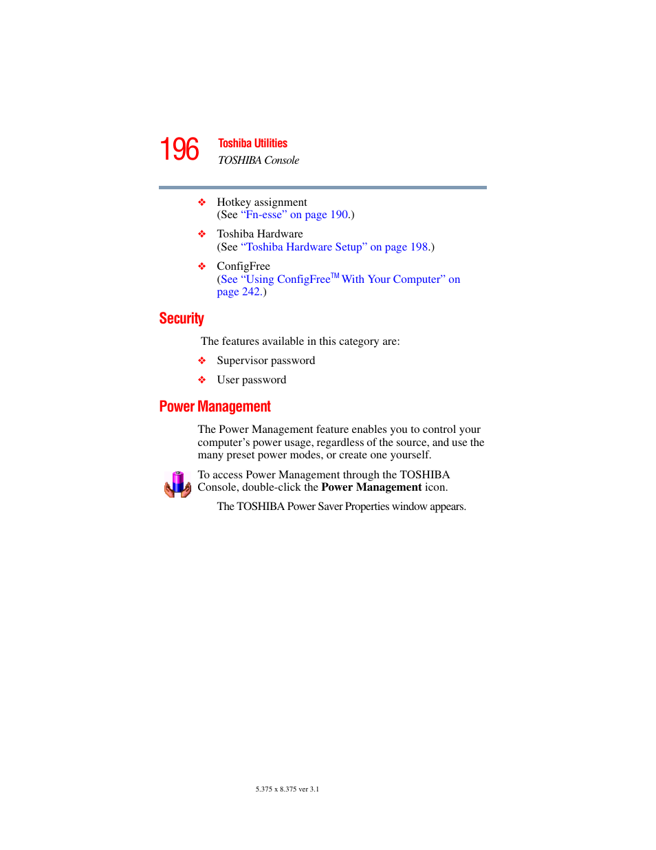 Security, Power management, Security power management | Toshiba A45 User Manual | Page 196 / 277