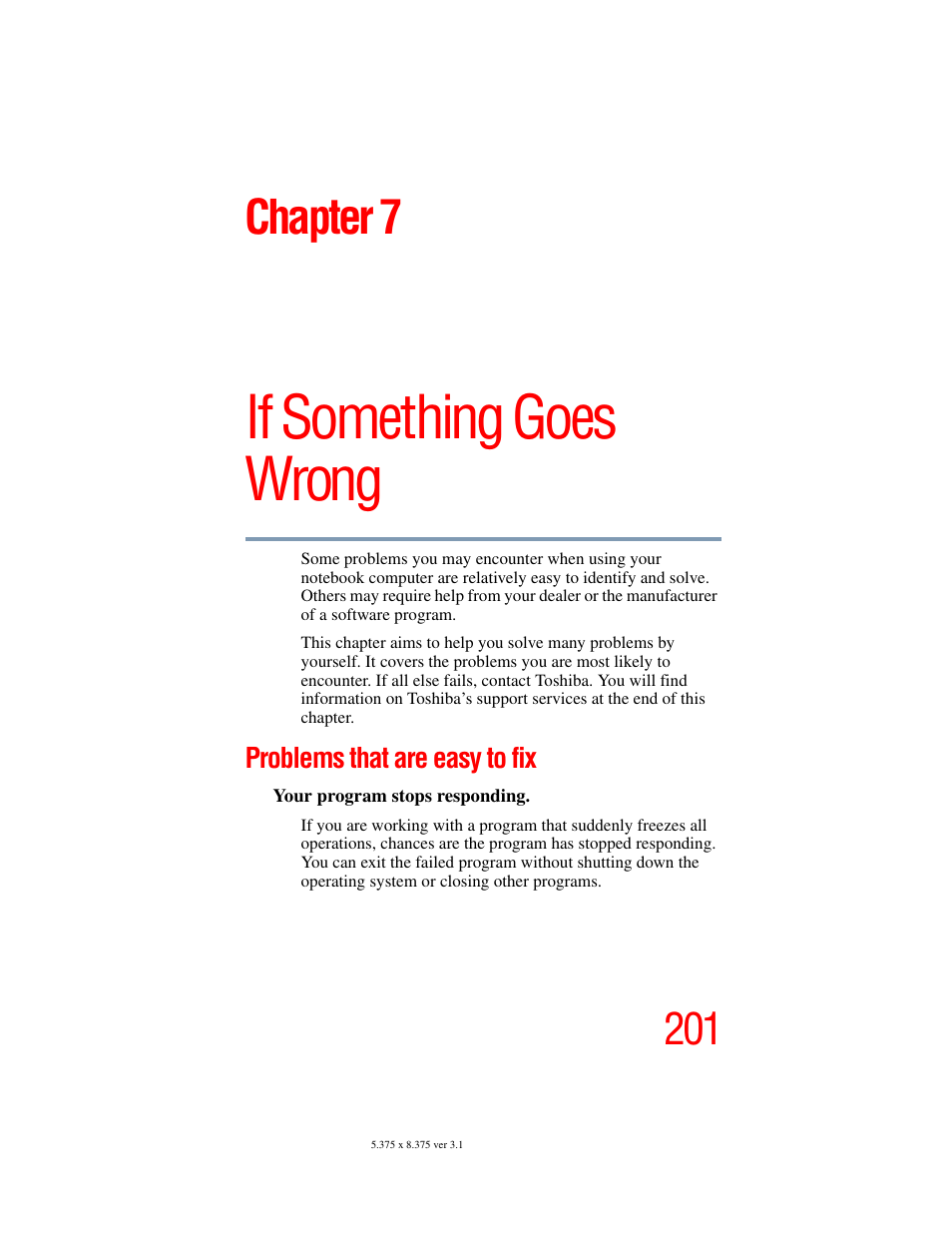 Chapter 7: if something goes wrong, Problems that are easy to fix, If something goes wrong | Chapter 7 | Toshiba A45 User Manual | Page 201 / 277