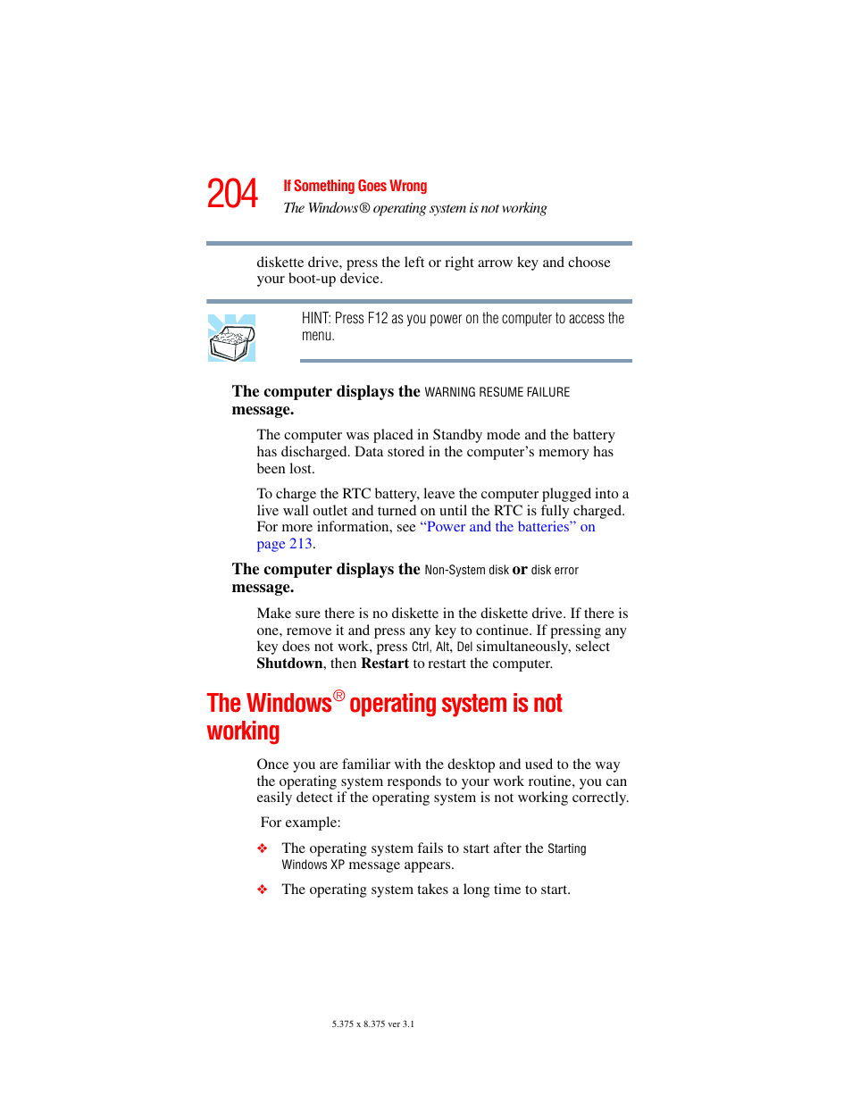 The windows® operating system is not working, The windows, Operating system is not working | Toshiba A45 User Manual | Page 204 / 277