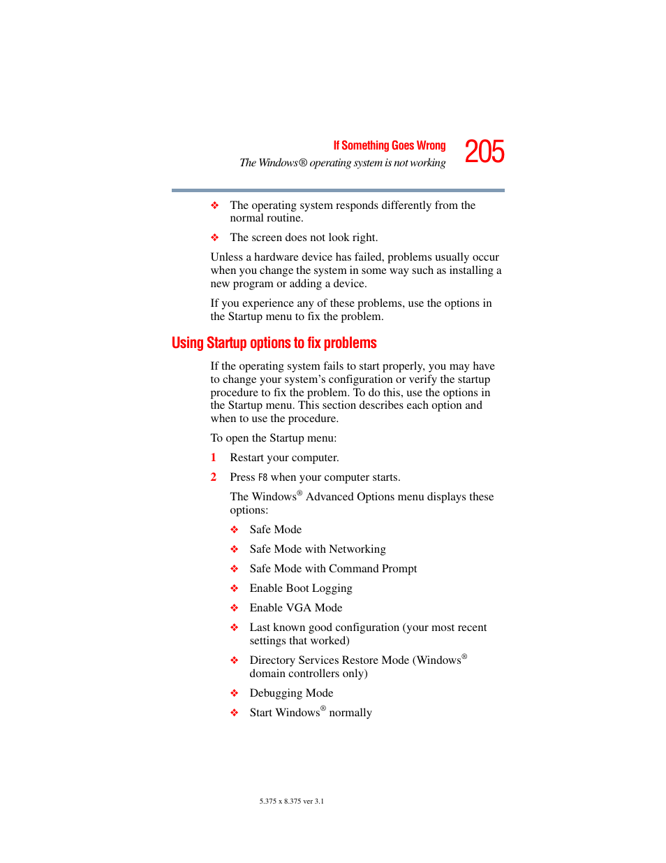 Using startup options to fix problems | Toshiba A45 User Manual | Page 205 / 277