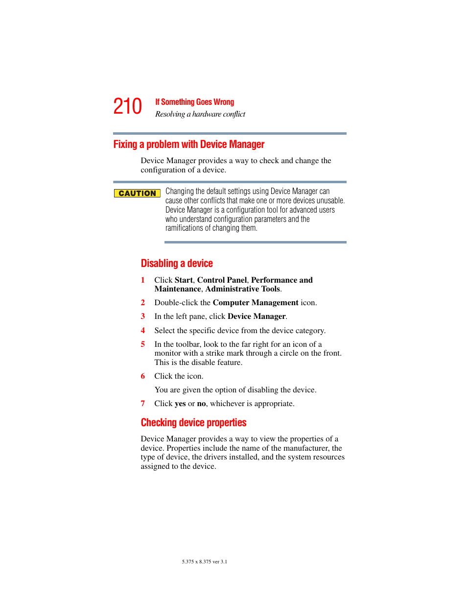 Fixing a problem with device manager, Checking device, Fixing a problem with device | Toshiba A45 User Manual | Page 210 / 277