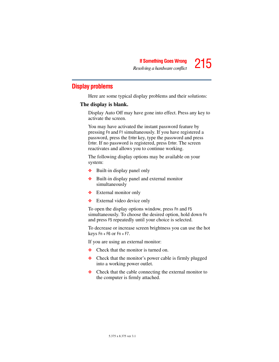 Display problems | Toshiba A45 User Manual | Page 215 / 277