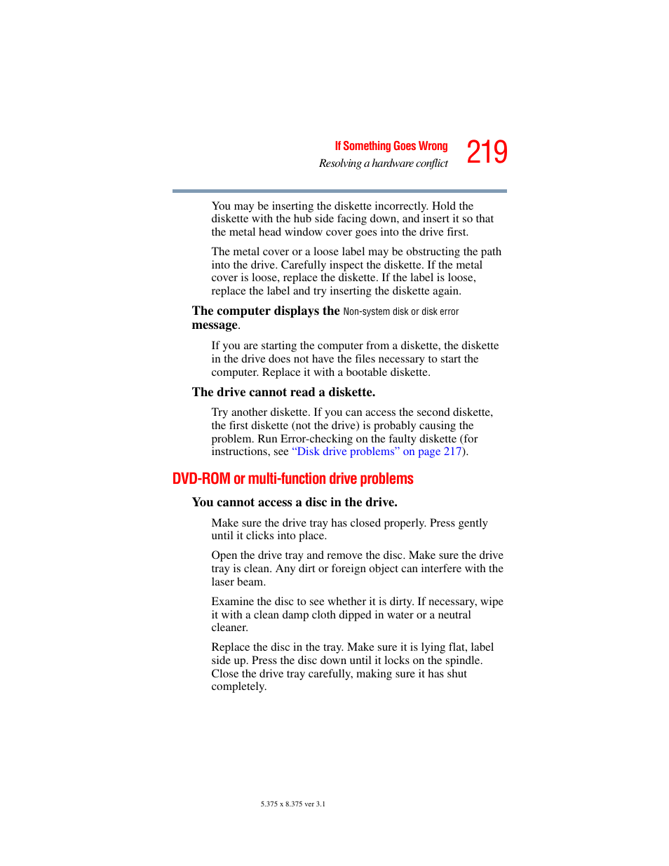 Dvd-rom or multi-function drive problems | Toshiba A45 User Manual | Page 219 / 277