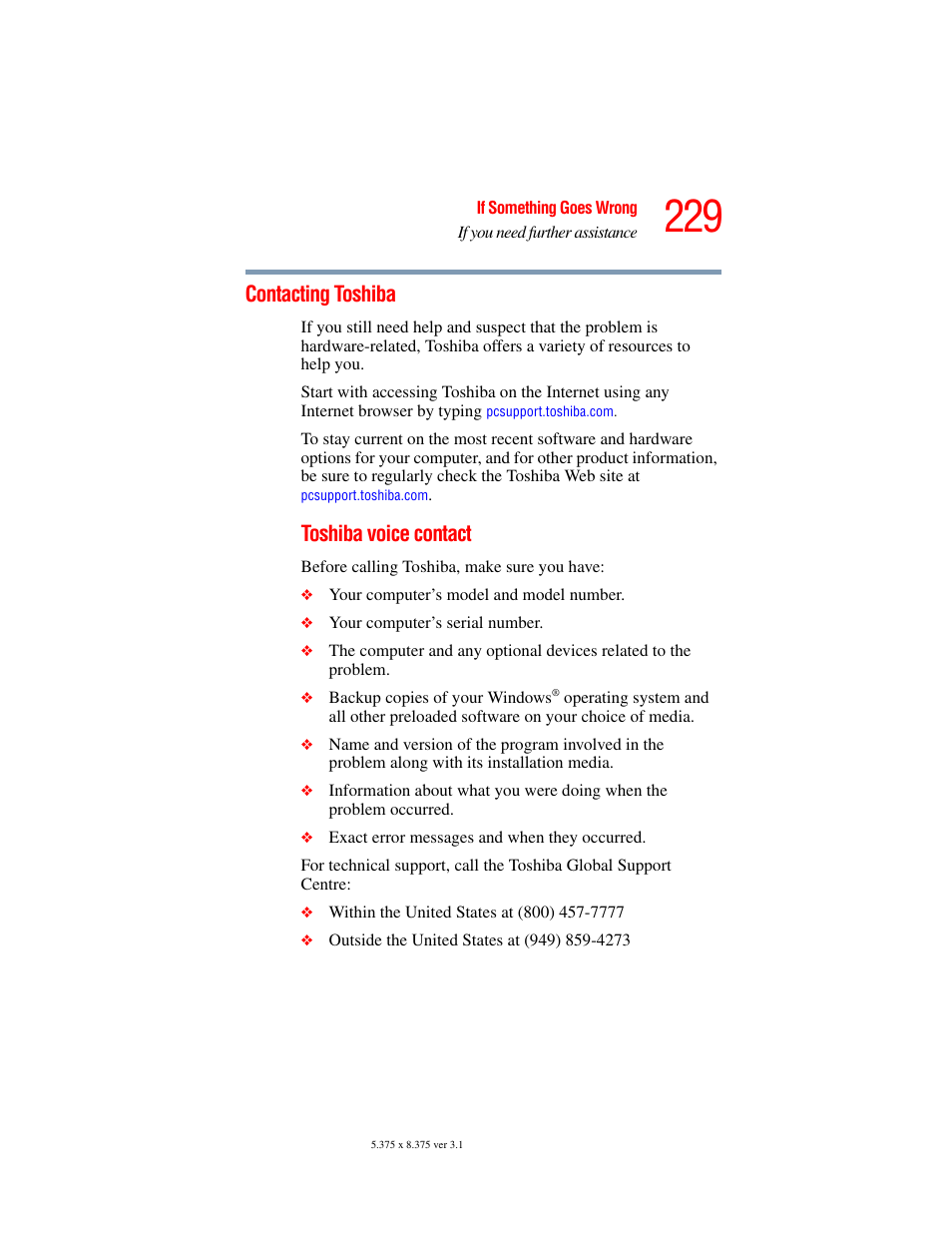 Contacting toshiba, Toshiba voice, Toshiba voice contact | Toshiba A45 User Manual | Page 229 / 277